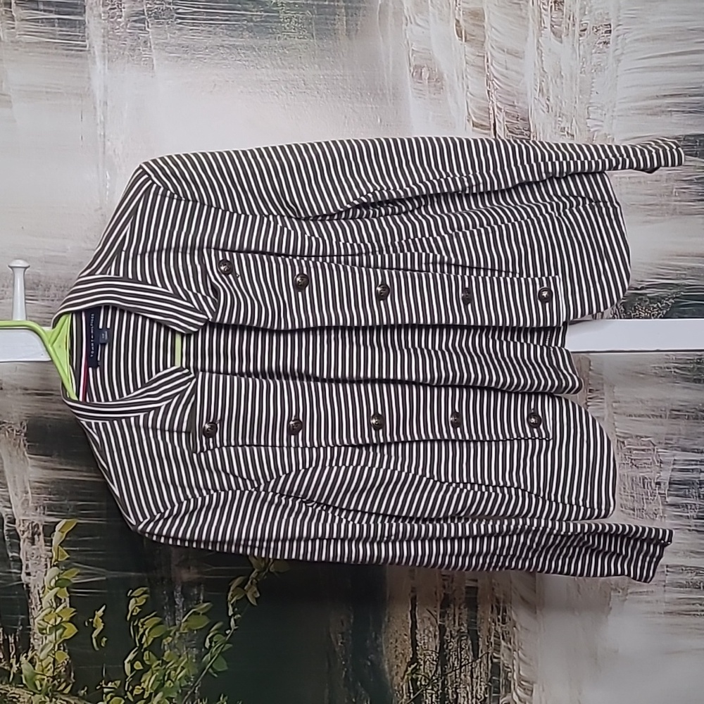 Tommy Hilfiger Womens Small Preppy gray striped open cardigan button accents